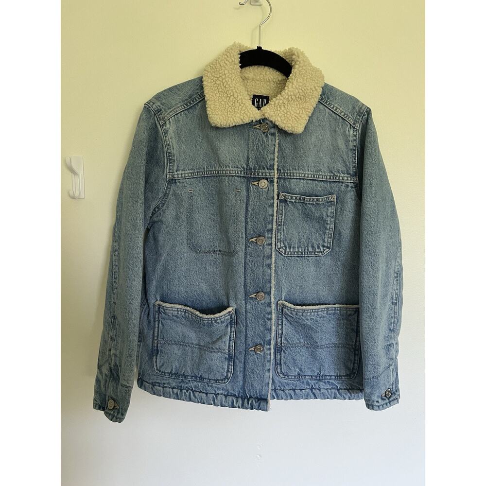 GAP Patch Pocket Sherpa Denim Jacket Chore Coat Barn Style Xs Petite Oversized - Picture 8 of 10